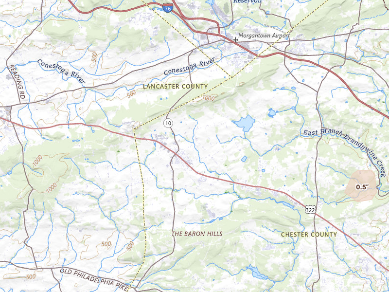 Radar-estimated hail-size map of the storm over Honey Brook, PA on Jul 4, 2026