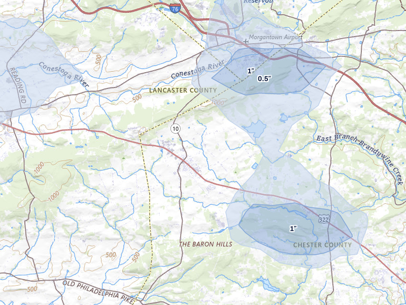 NEXRAD radar-signature map of the hail over Honey Brook, PA
