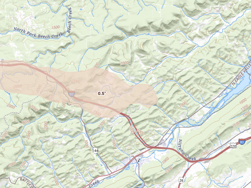 Radar-estimated hail-size map of the storm over Howard, PA on Aug 10, 2026