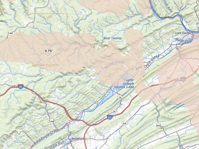 Radar-estimated hail-size map of the storm over Howard, PA on Sep 2, 2026