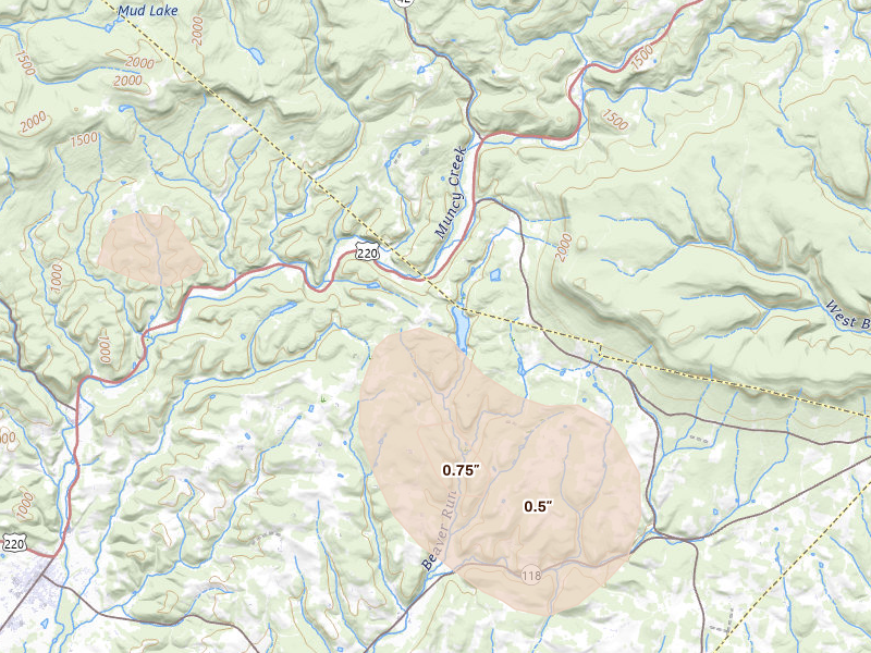 Radar-estimated hail-size map of the storm over Hughesville, PA on Jul 4, 2026