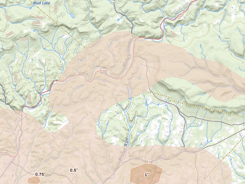 Radar-estimated hail-size map of the storm over Hughesville, PA on Aug 27, 2026