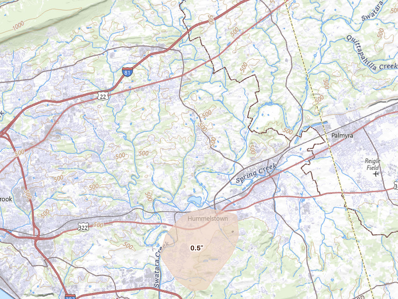 Radar-estimated hail-size map of the storm over Hummelstown, PA on Jul 5, 2026