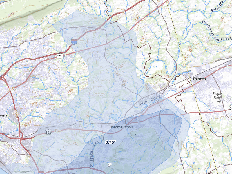 NEXRAD radar-signature map of the hail storm over Hummelstown, PA on Jul 5, 2026