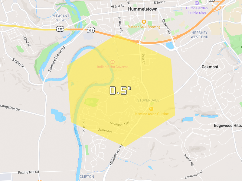 Hail map of Hummelstown, PA on Jul 5, 2026, hail up to 0.5"