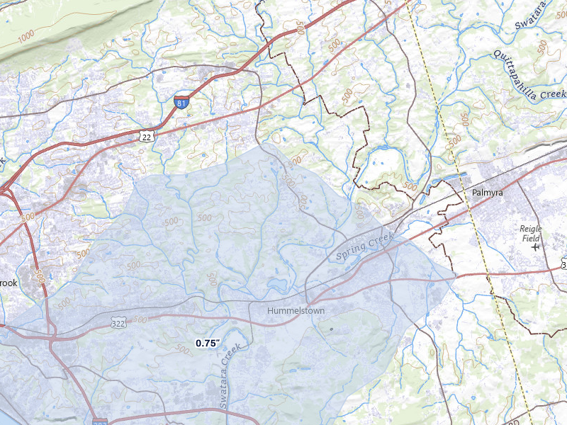 NEXRAD radar-signature map of the hail storm over Hummelstown, PA on Jul 28, 2026