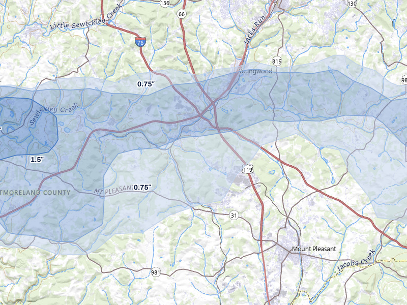 NEXRAD radar-signature map of the hail storm over Hunker, PA on May 13, 2026