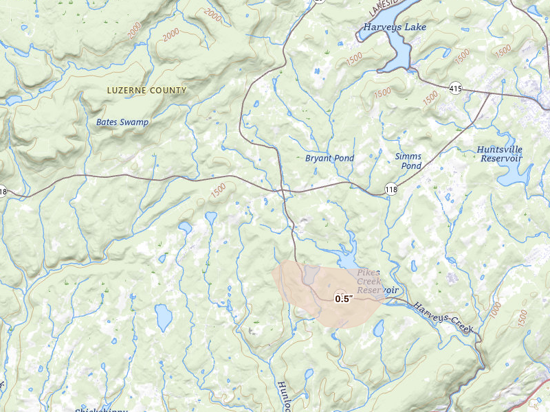 Radar-estimated hail-size map of the storm over Hunlock Creek, PA on Jun 6, 2026