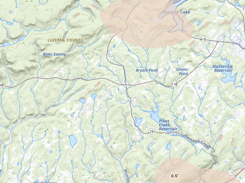 Radar-estimated hail-size map of the storm over Hunlock Creek, PA on Jul 3, 2026