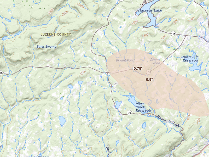 Radar-estimated hail-size map of the storm over Hunlock Creek, PA on Sep 1, 2026