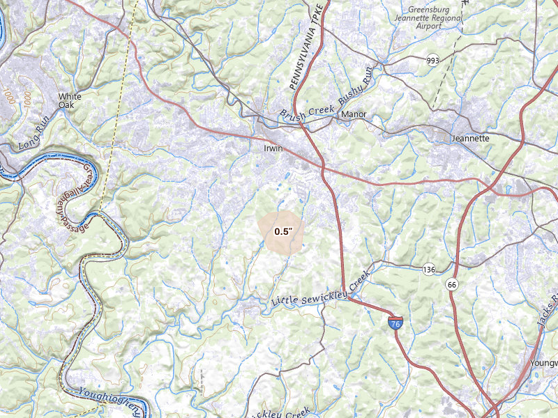 Radar-estimated hail-size map of the storm over Irwin, PA on Aug 27, 2026