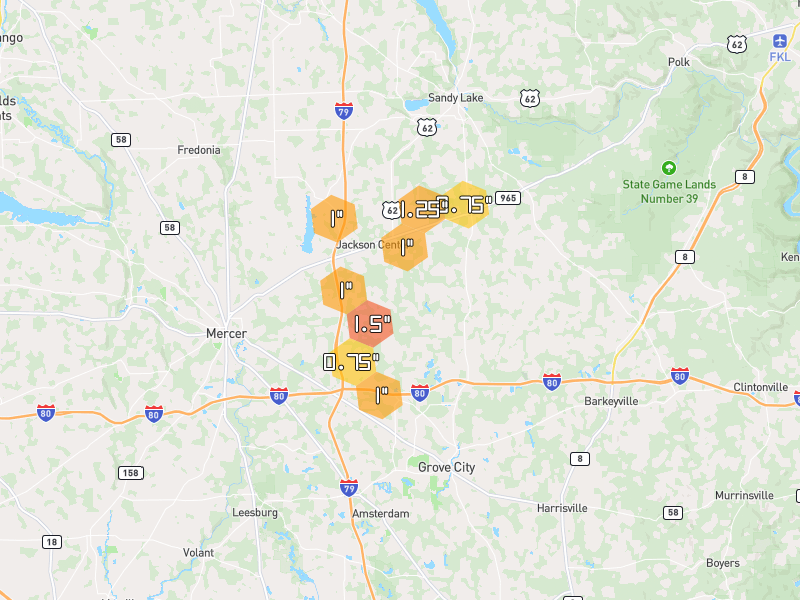 Hail map of Jackson Center, PA on Jul 3, 2026, hail up to 1.5"