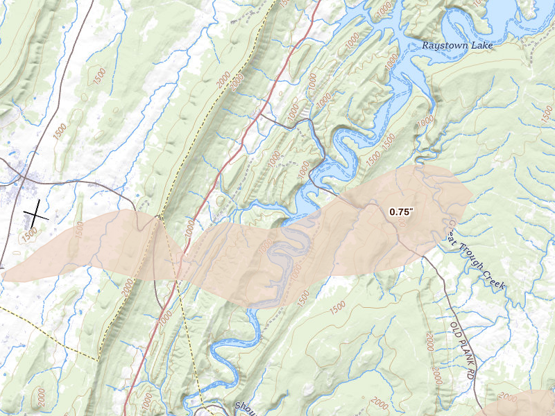 Radar-estimated hail-size map of the storm over James Creek, PA on Aug 9, 2026