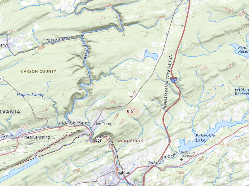Radar-estimated hail-size map of the storm over Jim Thorpe, PA on Jun 14, 2026