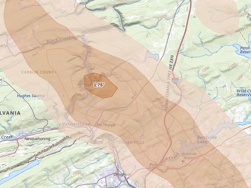 Radar-estimated hail-size map of the storm over Jim Thorpe, PA