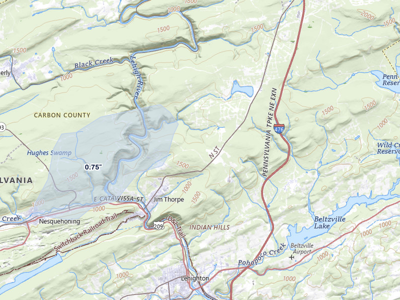 NEXRAD radar-signature map of the hail over Jim Thorpe, PA