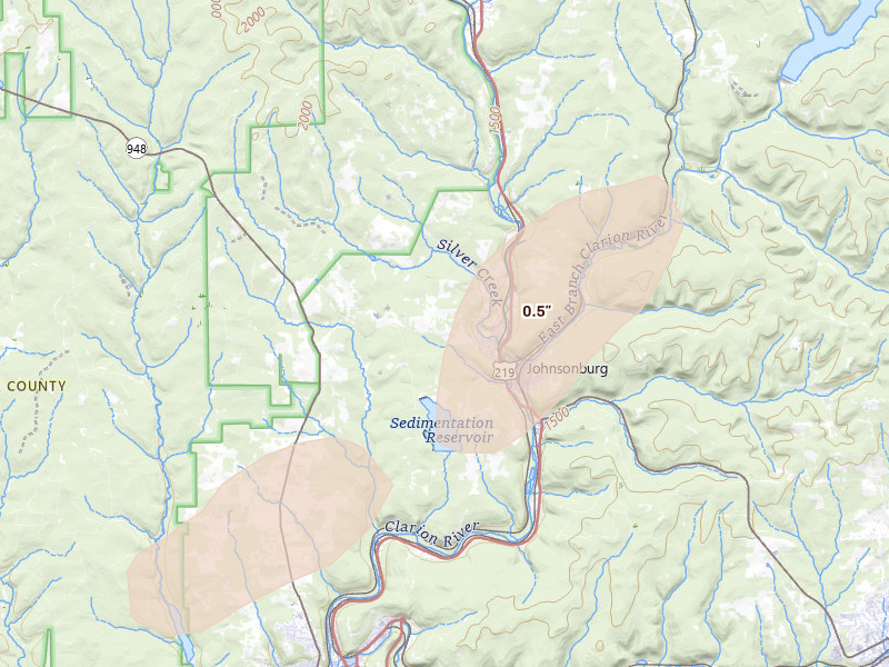 Radar-estimated hail-size map of the storm over Johnsonburg, PA on May 13, 2026