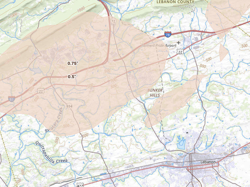 Radar-estimated hail-size map of the storm over Jonestown, PA on Sep 2, 2026