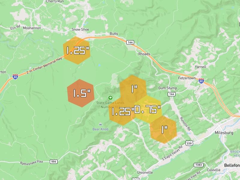 Hail map of Julian, PA on Jul 4, 2026, hail up to 1.5"
