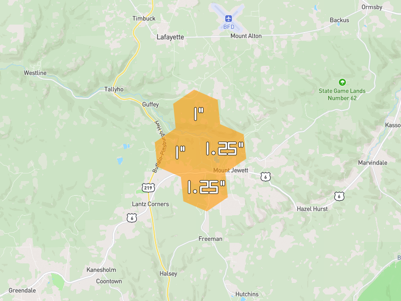 Hail map of Kane, PA on Jul 28, 2026, hail up to 1.25"