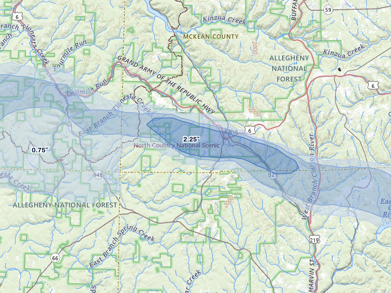 NEXRAD radar-signature map of the hail storm over Kane, PA on Sep 1, 2026