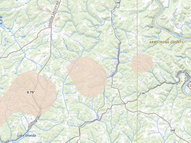 Radar-estimated hail-size map of the storm over Karns City, PA on Mar 7, 2026