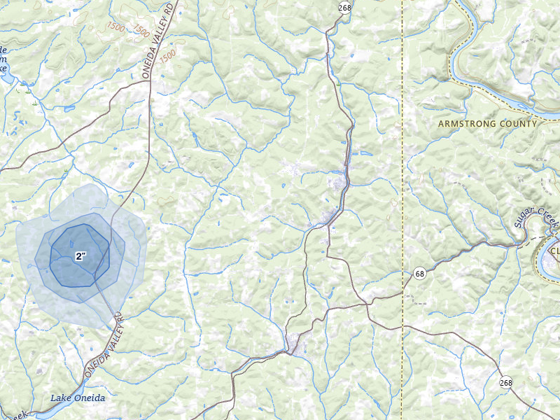 NEXRAD radar-signature map of the hail storm over Karns City, PA on Mar 7, 2026
