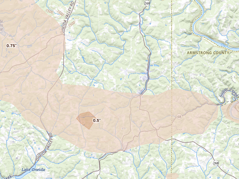 Radar-estimated hail-size map of the storm over Karns City, PA on Jul 3, 2026