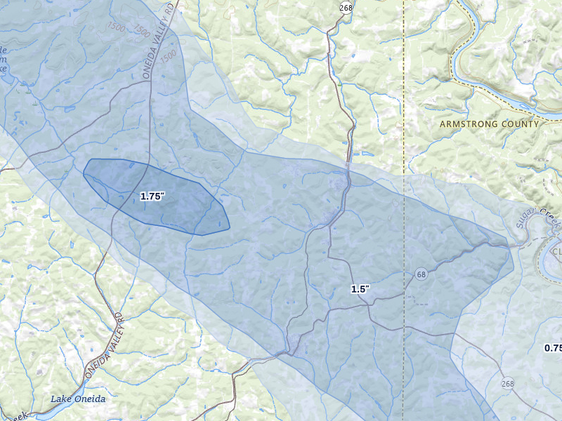 NEXRAD radar-signature map of the hail storm over Karns City, PA on Jul 3, 2026