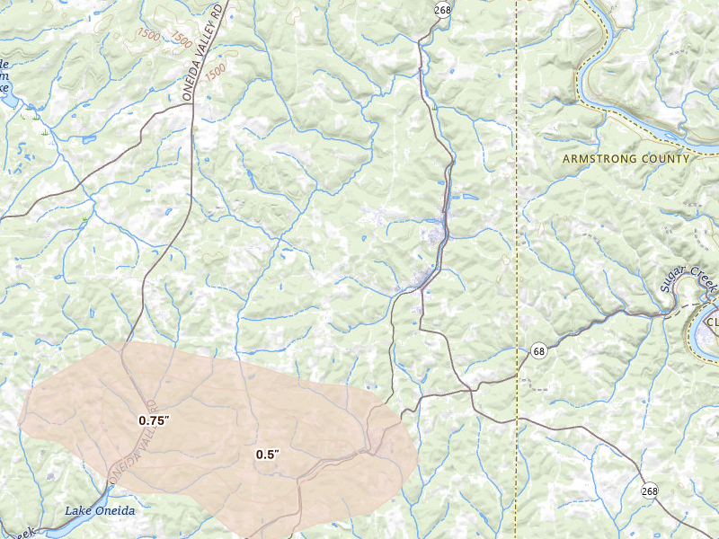 Radar-estimated hail-size map of the storm over Karns City, PA on Jul 4, 2026