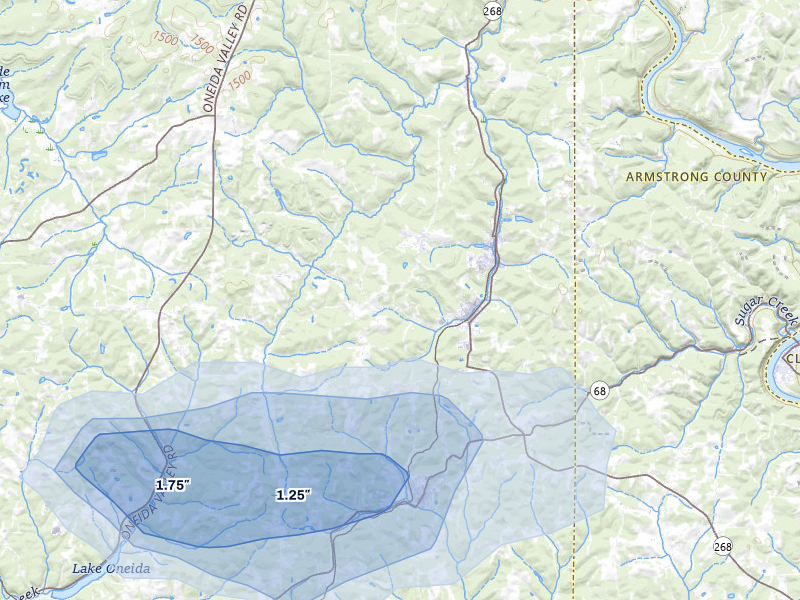 NEXRAD radar-signature map of the hail over Karns City, PA