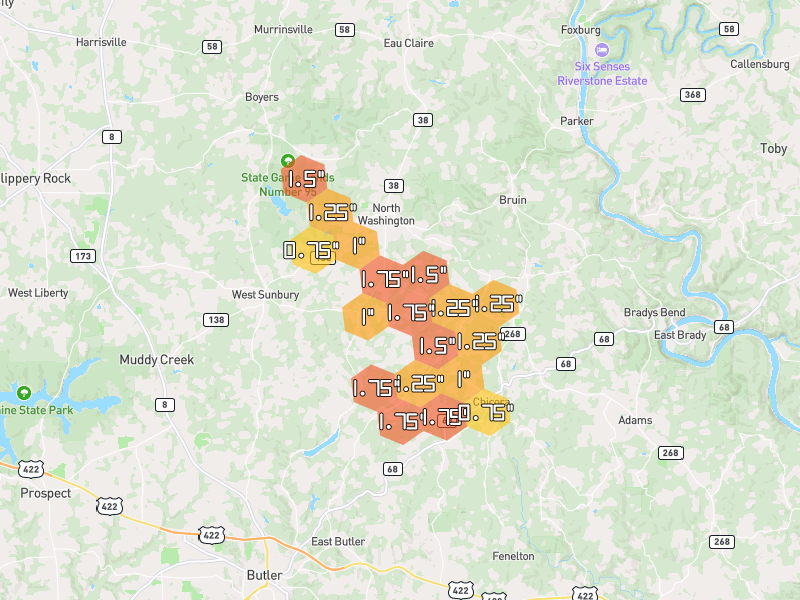 Hail map of Karns City, PA on Jul 4, 2026, hail up to 1.75"