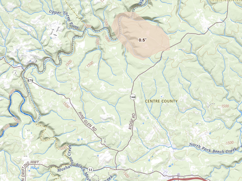 Radar-estimated hail-size map of the storm over Karthaus, PA on Jun 10, 2026