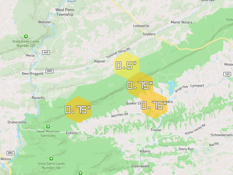 Hail map of Kempton, PA on Jul 28, 2026, hail up to 0.75"