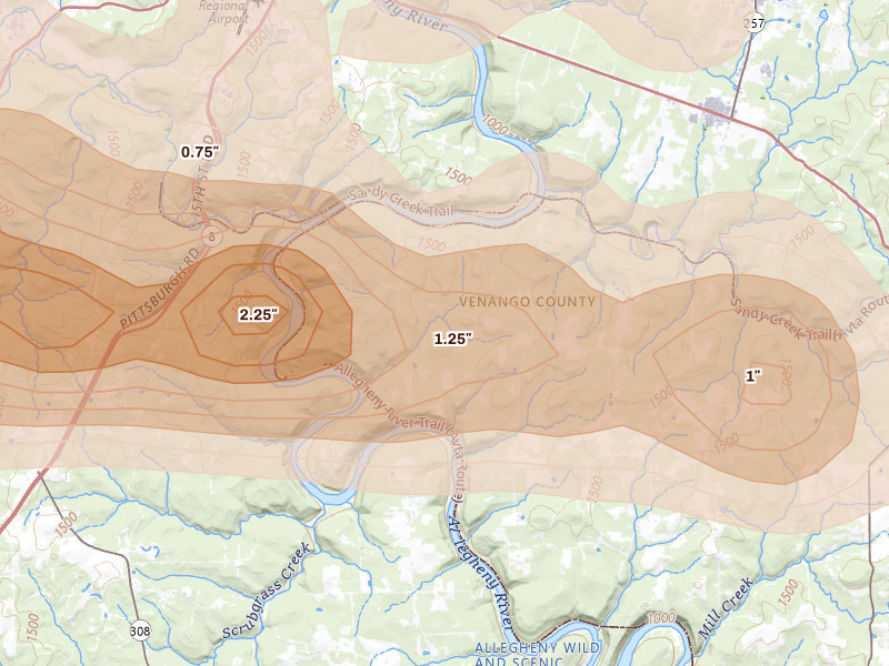 Radar-estimated hail-size map of the storm over Kennerdell, PA