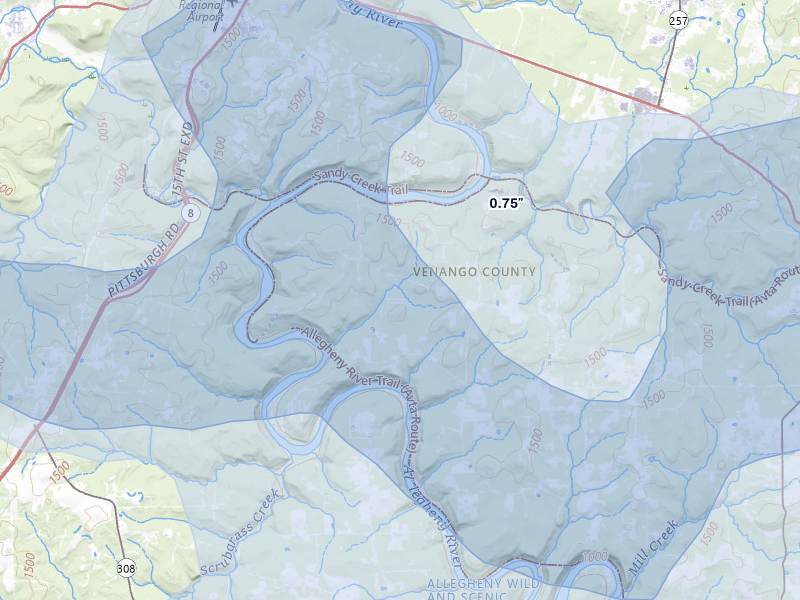 NEXRAD radar-signature map of the hail storm over Kennerdell, PA on Jul 3, 2026