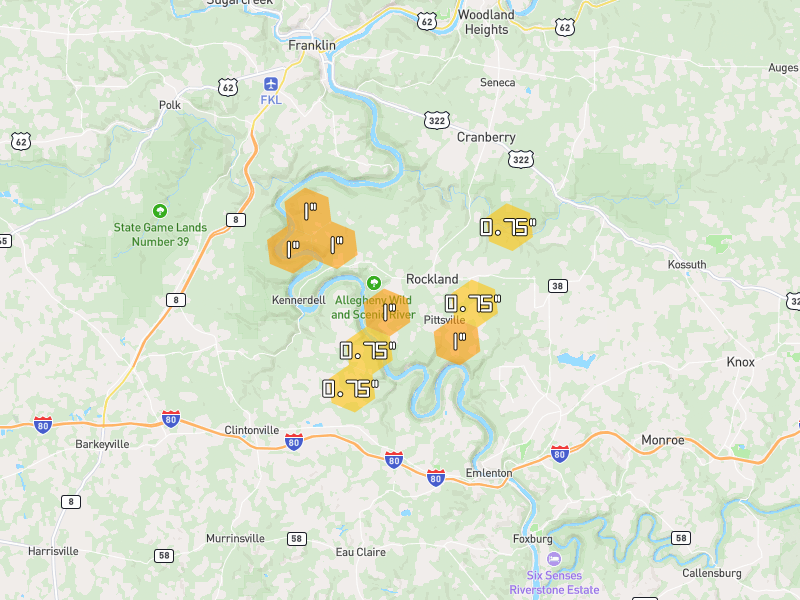 Hail map of Kennerdell, PA on Jul 4, 2026, hail up to 1"
