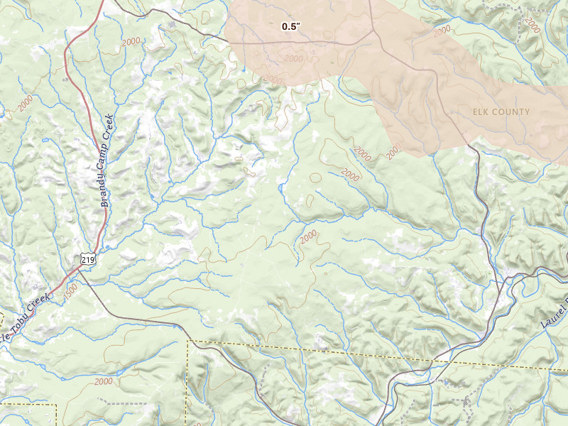 Radar-estimated hail-size map of the storm over Kersey, PA on Jul 4, 2026