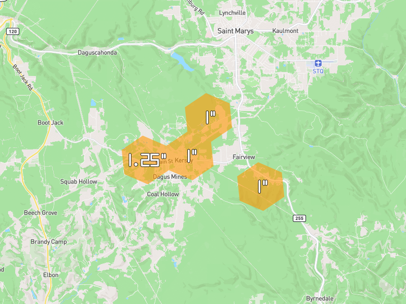 Hail map of Kersey, PA on Jul 4, 2026, hail up to 1.25"