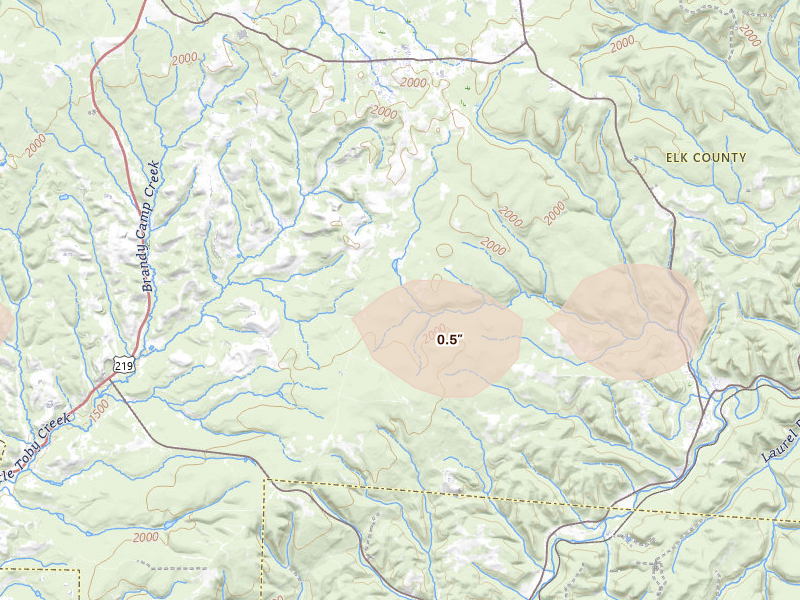 Radar-estimated hail-size map of the storm over Kersey, PA on Sep 2, 2026