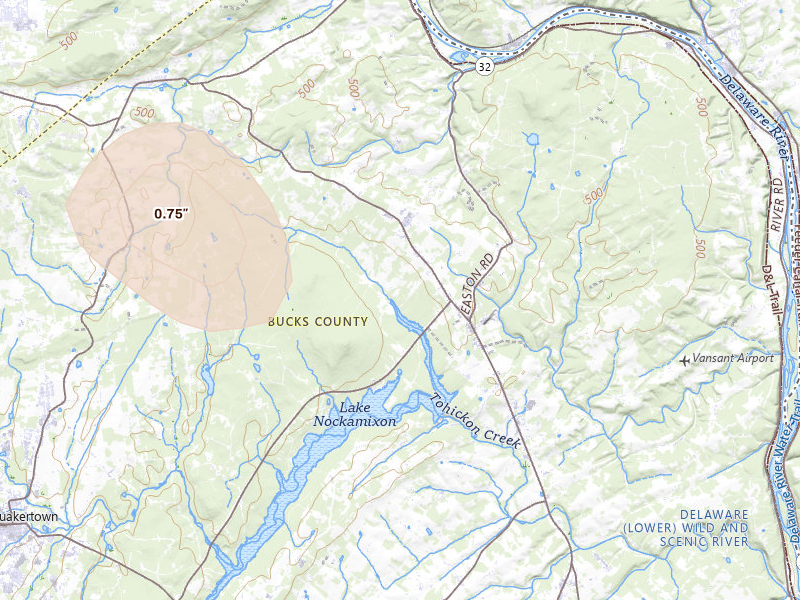 Radar-estimated hail-size map of the storm over Kintnersville, PA on Jul 1, 2026