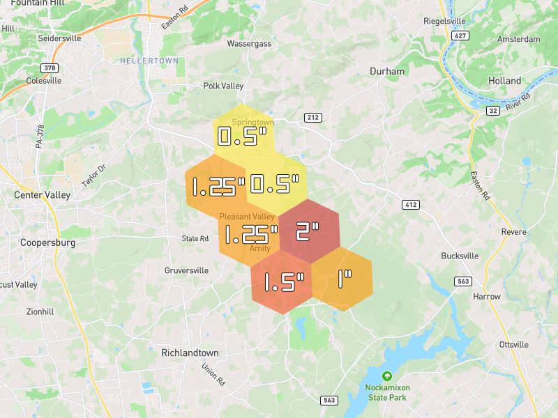Hail map of Kintnersville, PA on Jul 1, 2026, hail up to 2"