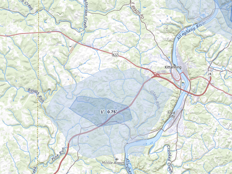 NEXRAD radar-signature map of the hail over Kittanning, PA