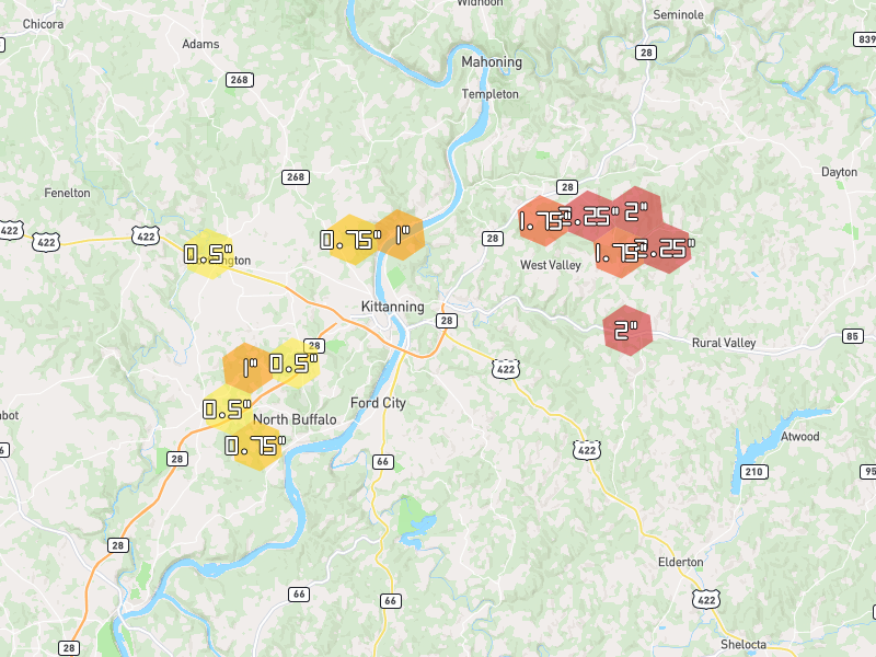 Hail map of Kittanning, PA on Jul 4, 2026, hail up to 2.25"