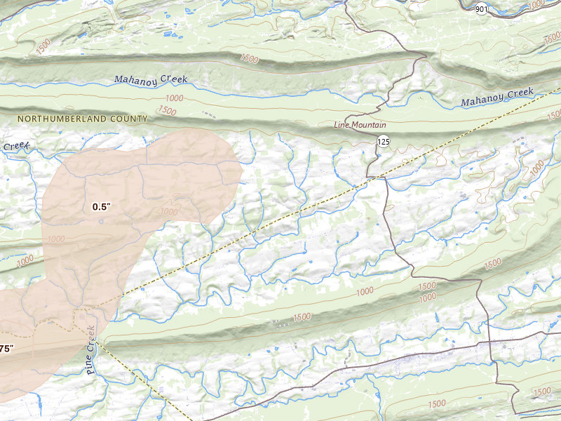 Radar-estimated hail-size map of the storm over Klingerstown, PA on Jun 6, 2026
