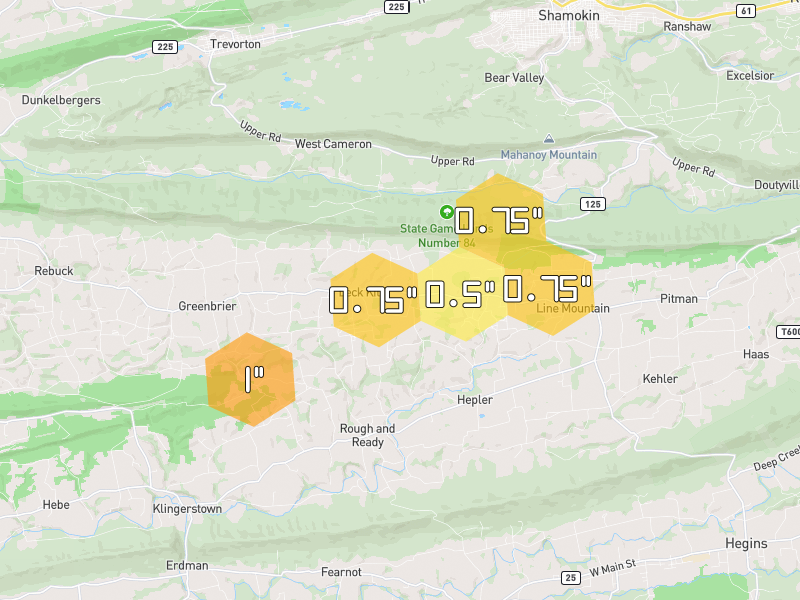 Hail map of Klingerstown, PA on Jun 6, 2026, hail up to 1"
