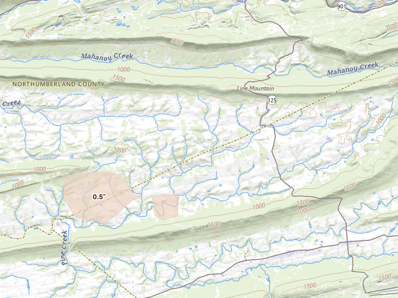 Radar-estimated hail-size map of the storm over Klingerstown, PA on Jul 3, 2026