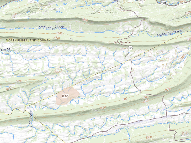 Radar-estimated hail-size map of the storm over Klingerstown, PA on Aug 7, 2026