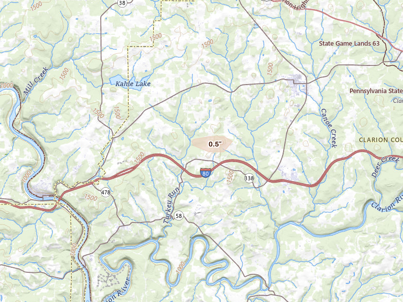 Radar-estimated hail-size map of the storm over Knox, PA on Jun 11, 2026
