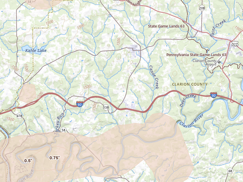 Radar-estimated hail-size map of the storm over Knox, PA on Jul 3, 2026